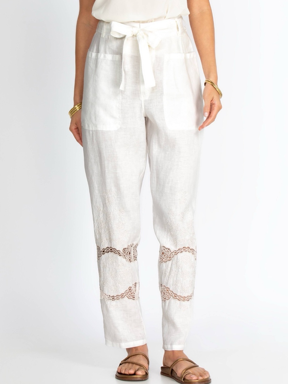 Johnny Was Stasha Linen Lace Embroidered Detail Pants Sz Large White